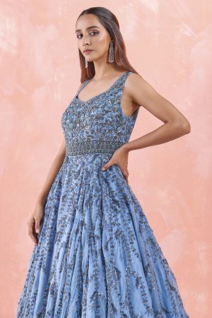 Steel Blue Embroidered Gown